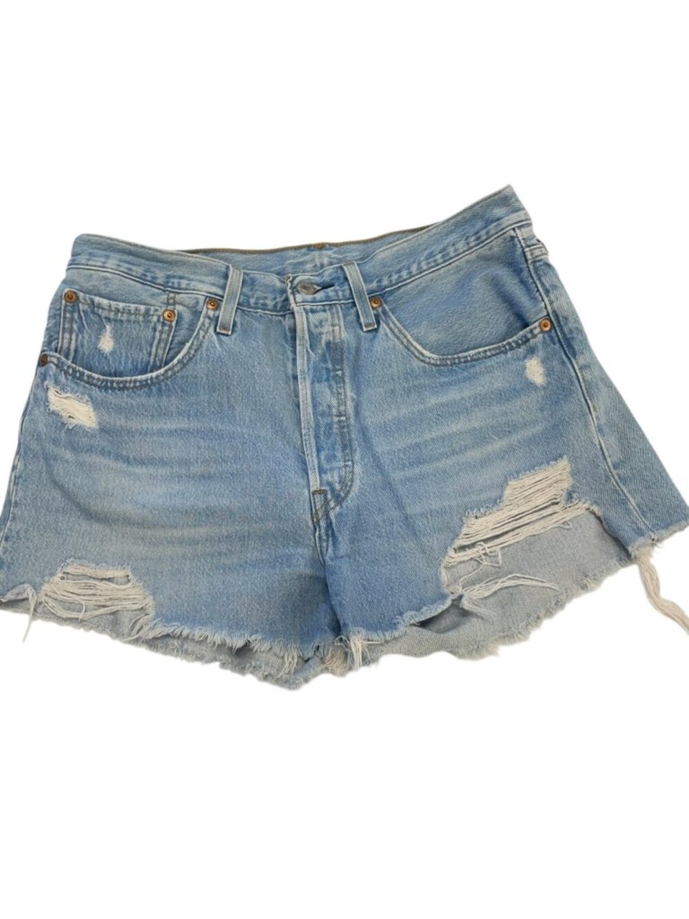Levi's Women's Blue W30 Distressed Raw Hem Denim‎ High Waist 501 Shorts